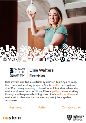 Young woman standing on a ladder. She is an electrician and holds a lightbulb.